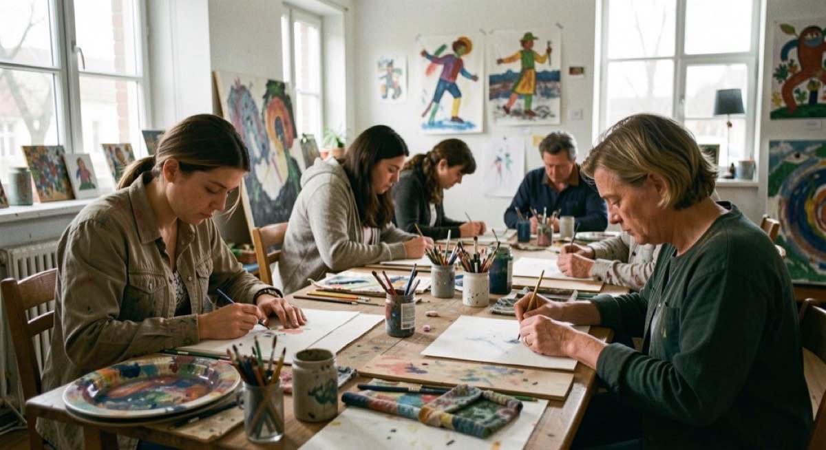 Un groupe travaille autour de tables couvertes de matériaux artistiques