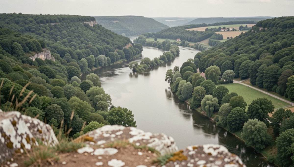 La rivière Dordogne serpente entre des collines boisées