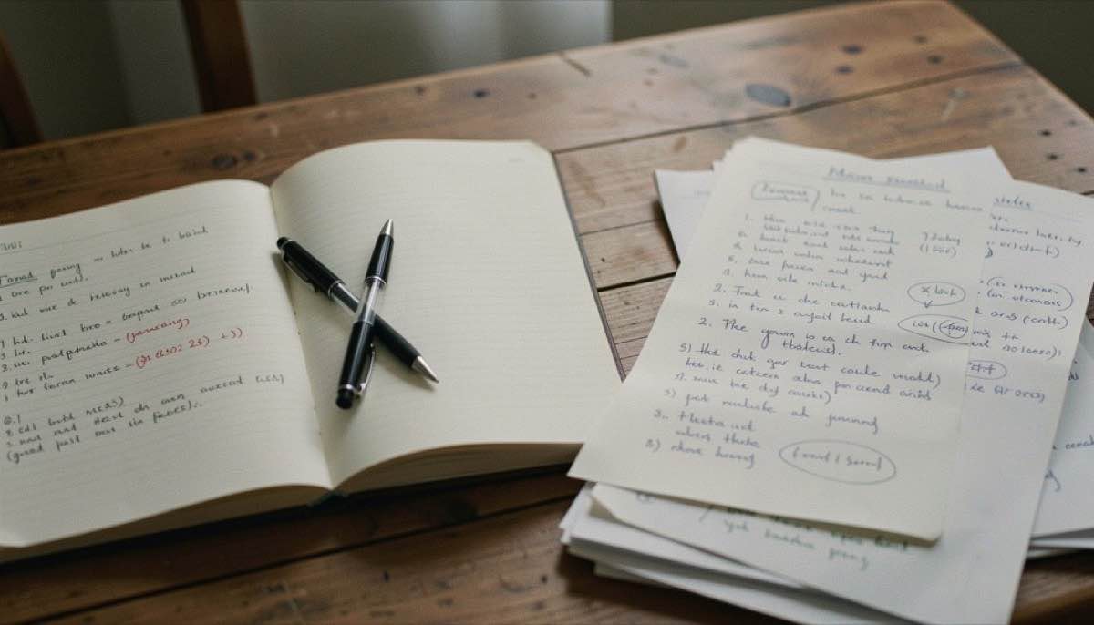 Un cahier ouvert, un stylo et des pages annotées sur une table en bois