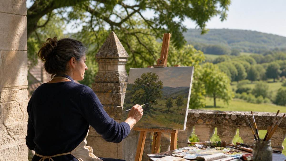 Une peintre travaille un paysage sur une terrasse ombragée