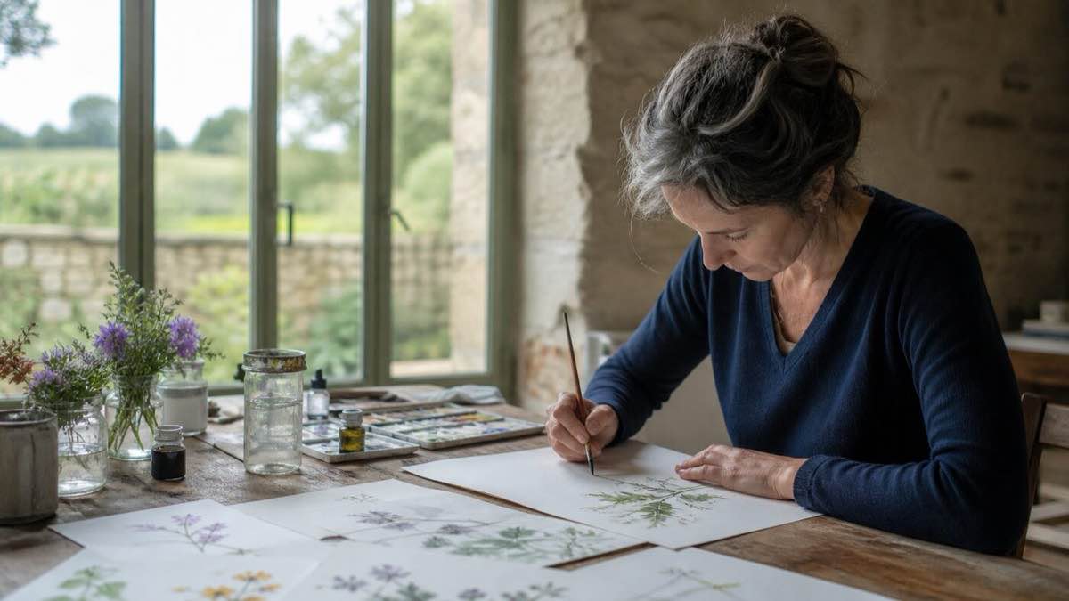 Une artiste peint des études botaniques à l’aquarelle sur une longue table