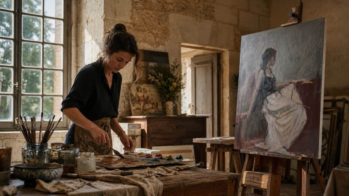 Une peintre prépare ses pigments près d’une toile figurative dans un atelier