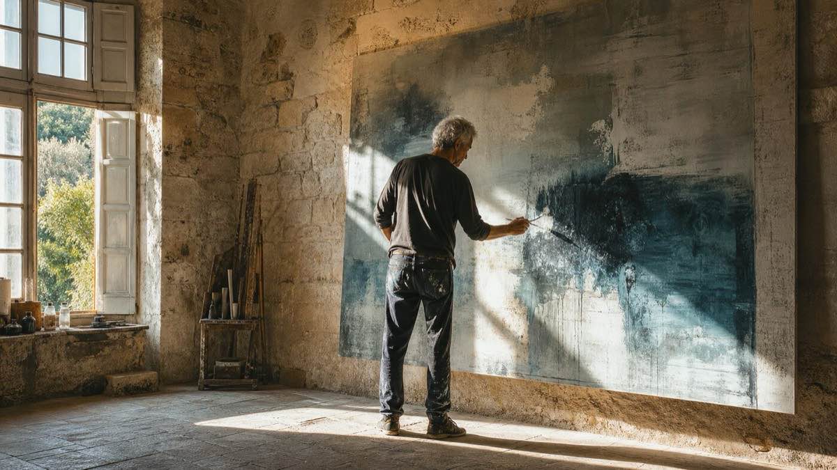Une artiste compose une grande peinture traversée par la lumière