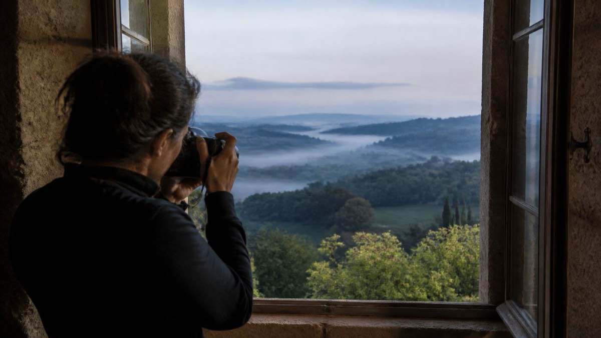 Une photographe cadre des collines brumeuses depuis une fenêtre ancienne