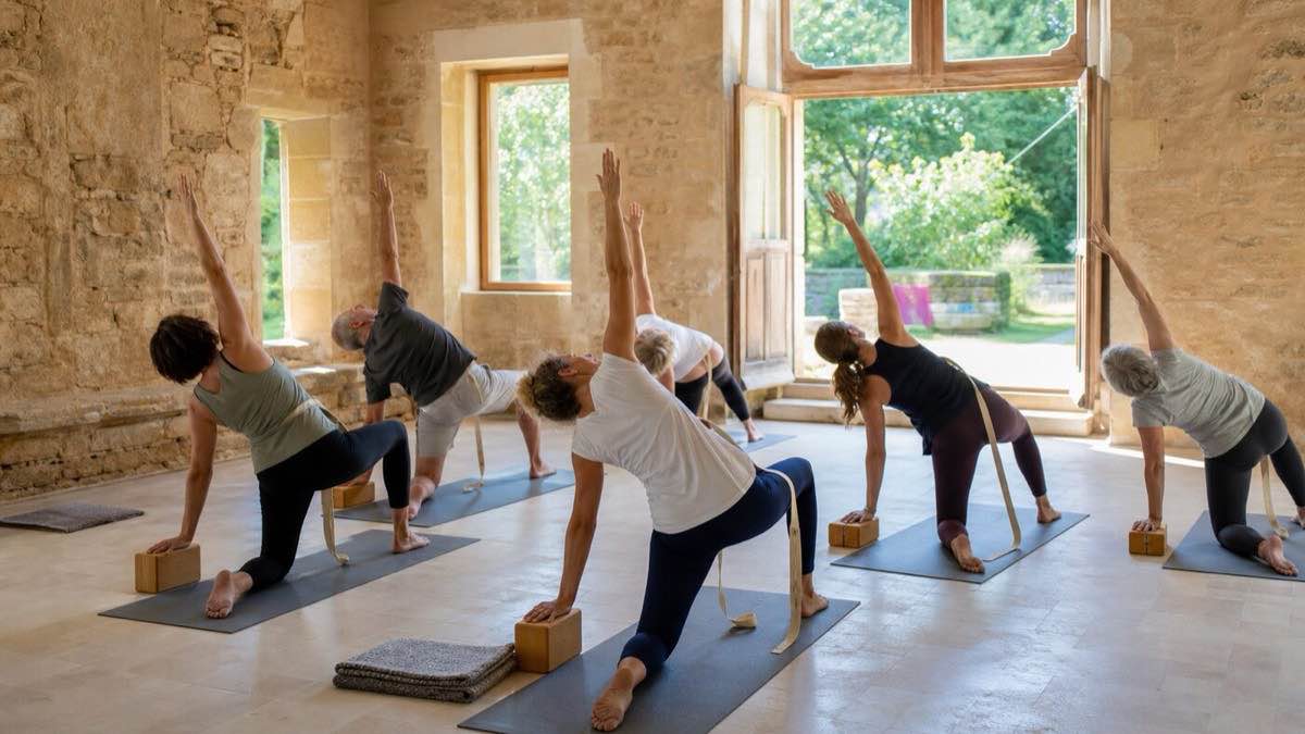 Un petit groupe pratique le yoga avec blocs et sangles dans une salle de pierre