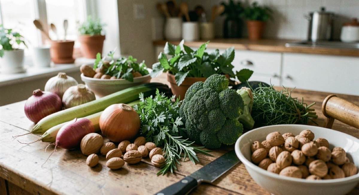 Des légumes, des noix et des herbes réunis sur une table de cuisine