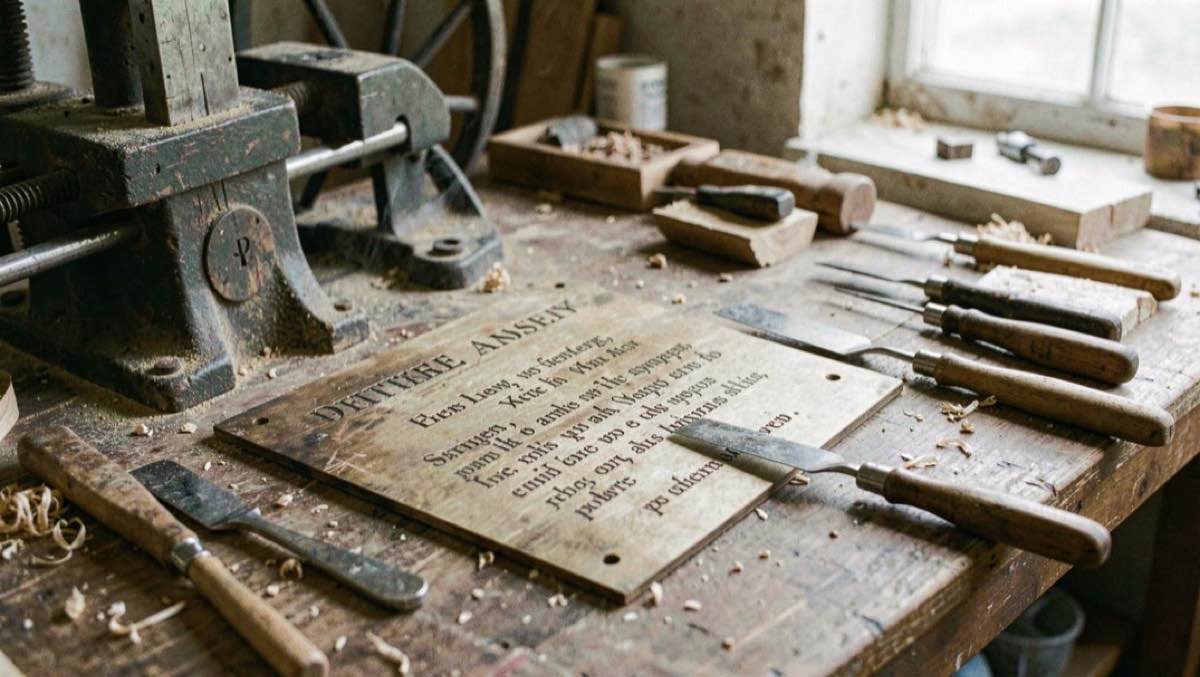 Une plaque gravée, un rouleau et des outils de taille douce près d’une presse