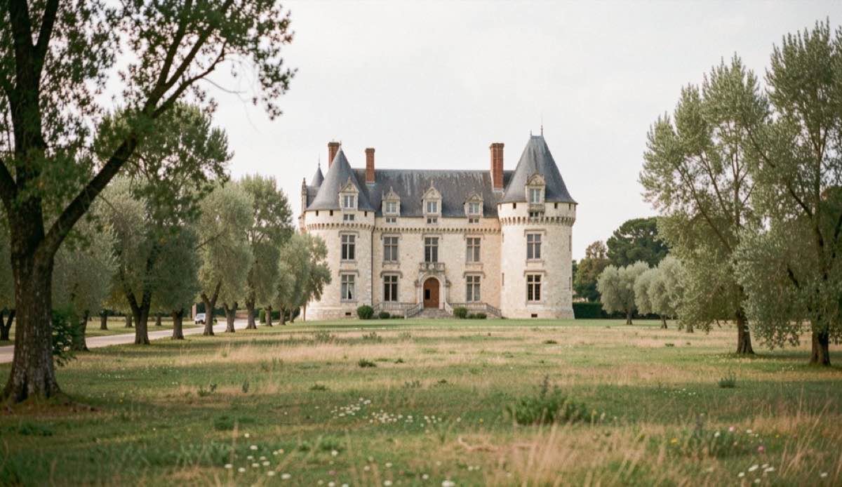 Une demeure de pierre claire entourée de prairies et de grands arbres en Dordogne