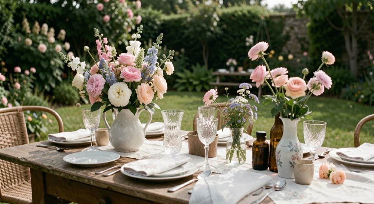 Une table fleurie préparée pour une célébration dans un jardin
