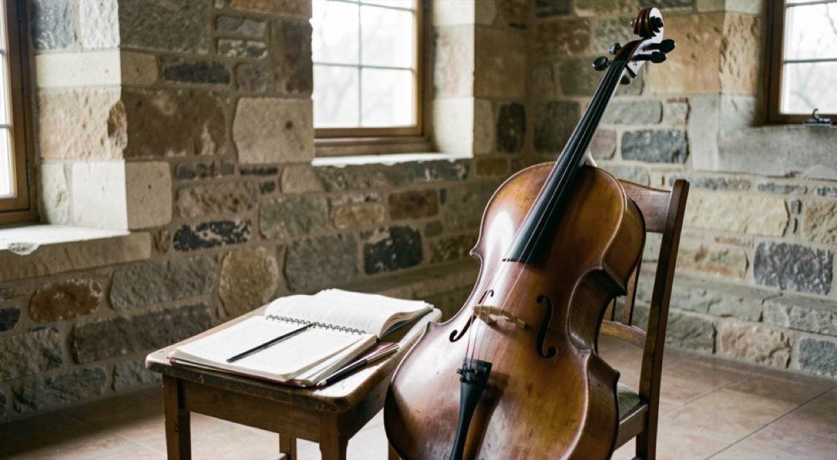 Un violoncelle et des partitions dans une salle aux murs de pierre