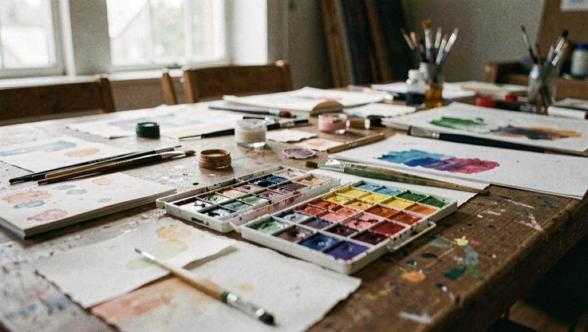 Pigments, pinceaux et feuilles préparés sur une grande table de peinture