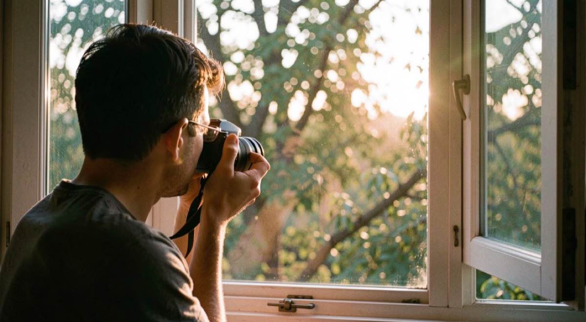 Une photographe observe la lumière du matin depuis une fenêtre ouverte sur les arbres