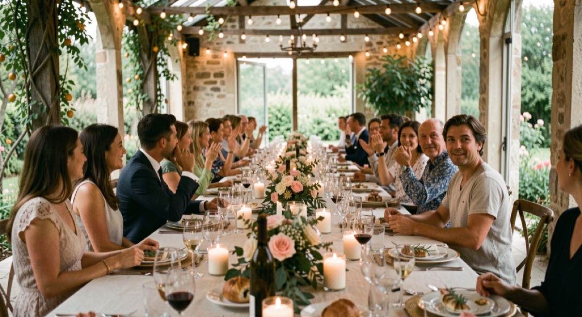 Une longue table de réception dressée sous des lumières douces