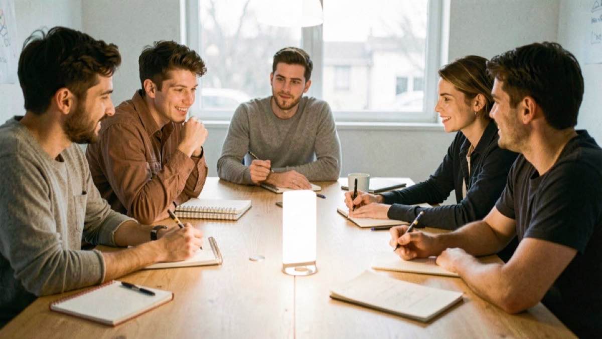 Une petite équipe échange autour d’une table de réunion et de carnets