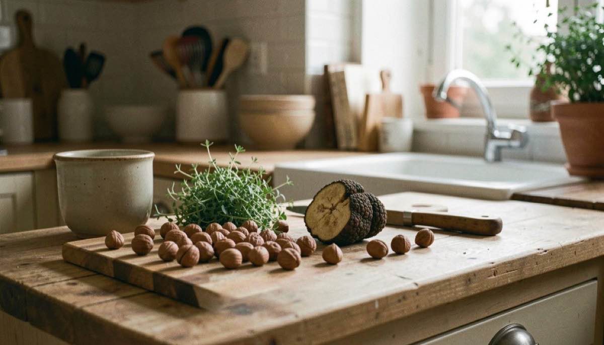Des noix du Périgord et des herbes fraîches disposées dans une cuisine