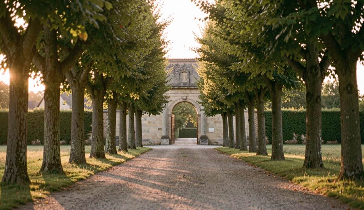 Une allée bordée d’arbres conduit vers un portail de pierre